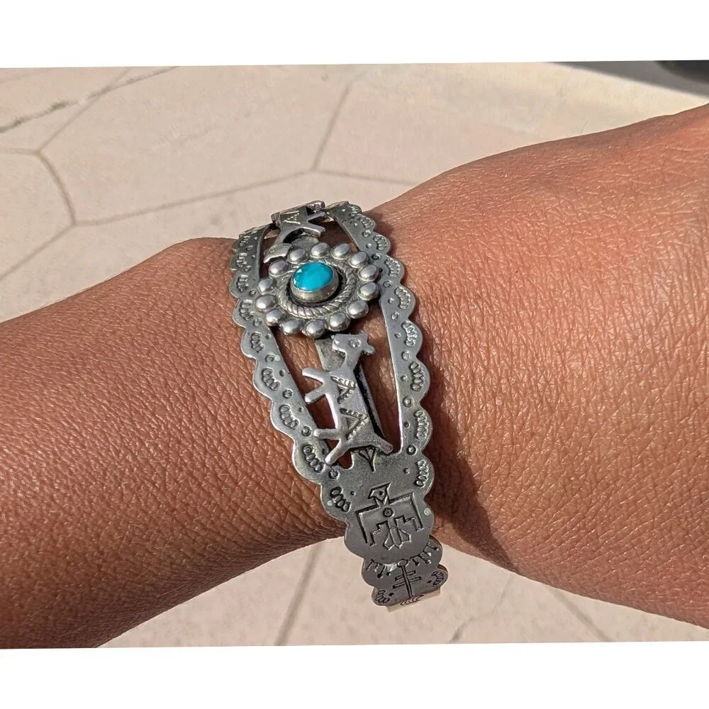 VTG Navajo Nickel Silver & Turquoise Cuff Bracelet Stamped Horses 15.8g Native A